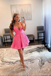 A Line Short Pink Prom Dress Sequin Homecoming Dress V NECK MyChicDress